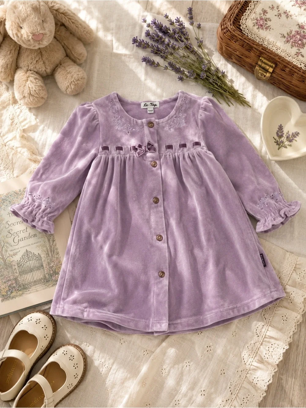 Vintage Le Top Lavender Purple  Velvet Button-Front Girls Dress